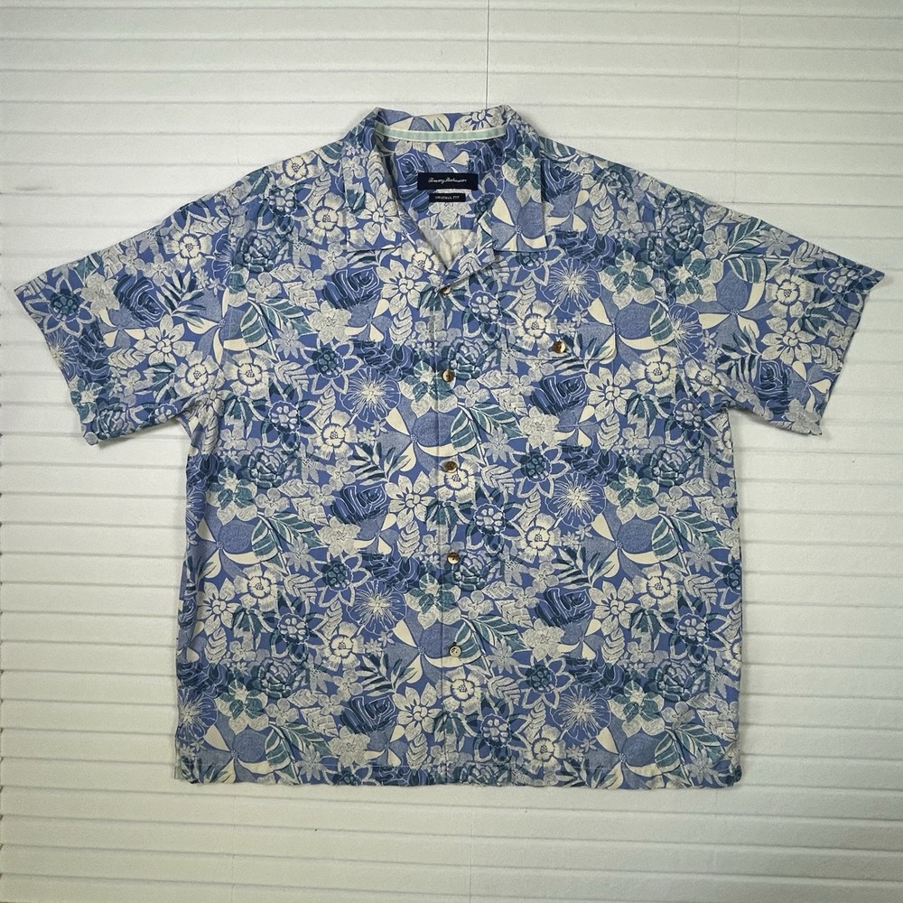 Tommy Bahama Silk Floral Hawaiian Camp Shirt Mens 2XL Blue 70% Silk